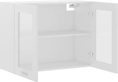 A white cabinet with glass doors, open to reveal two shelves.