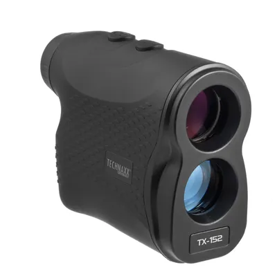 A black TECHNAXX TX-152 laser rangefinder is shown against a white background.