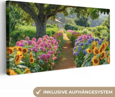 Produktbild von MuchoWow® - Leinwandbilder - Blumen - Weg - Sonnenblumen - Garten - Hortensie, Wandbild, Wanddeko Bilder Wohnzimmer, 40x20 cm