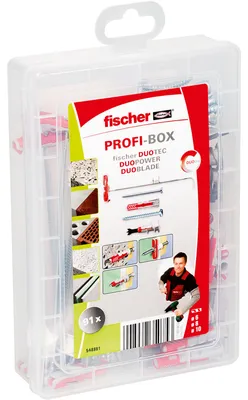Produktbild von Fischer 548861, Schrauben- & Dübelsatz, Autoklaven-Porenbeton, Mauerziegel, Beton, Gipsblock, Gipskarton, Kunststoff, Deutschland, 91 Stück(e), 30 x DuoPower 6 x 30, 15 x DuoPower 8 x 40, 4 x fischer DuoTec 10, 10 x DuoBlade