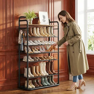 Produktbild von 8-Stöckiges Schuhregal, 80 cm, 5 Haken, Schuhabtropfschale | Flache und Kippbare Gitternetzregale, 28-32 Paar, für Eingang, Flur