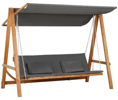Produktbild von 3-Sitzer-Schaukelsofa mit Liegefunktion | Farbe: Grau+Teak | Abmessungen: 225,5 x 113 x 180 cm
