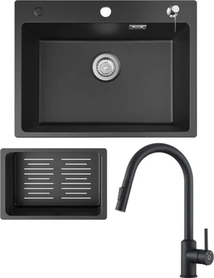 A black granite kitchen sink with a pull-out faucet and a draining rack, presented on a white background.