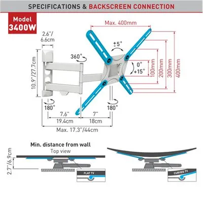 Produktbild von Barkan 3400W.W Vollbewegliche Wandhalterung für 165,1 cm (65 Zoll) LCD-/Plasmageräte, max. 40 kg Traglast, max. VESA 400 x 400