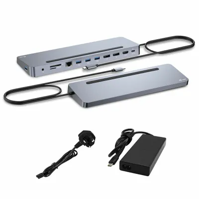 Produktbild von i-tec USB-C Metal Ergonomic 3x 4K Display Docking Station with Power Delivery 100 W + Universal Charger 100 W, Kabelgebunden, USB 3.2 Gen 1 (3.1 Gen 1) Type-C, 100 W, 3,5 mm, 10,100,1000 Mbit/s, Silber