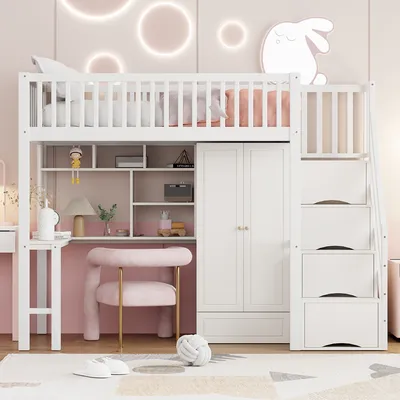 Produktbild von Flieks Etagenbett 90x200 mit Kleiderschrank, Hochbett mit Stauraumtreppe, Kinderbett Einzelbett mit Schreibtisch und Regal, Stockbett Holzbett, Weiß