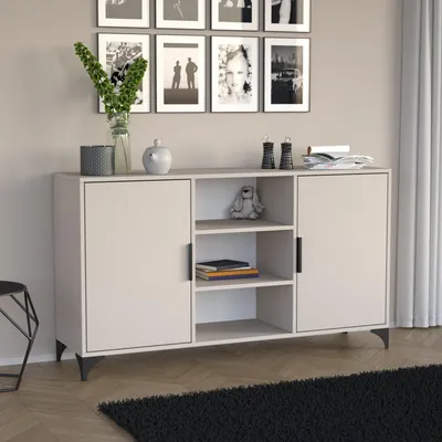 Produktbild von BEAUTYSOFA Kommode HOME 150cm in Kaschmir, 2-türiges Sideboard mit drei offenen Regalfächern, Griffen und Metallbeinen, Anrichte für Wohnzimmer & Flur