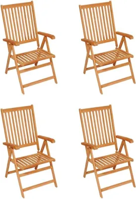 Produktbild von 4 klappbare Gartenstühle aus Teakholz mit hellgrünen Kissen, 7-fach verstellbarer Rückenlehne, bis 110 kg belastbar, für Terrasse und Garten