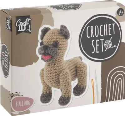 The image shows the packaging of a crochet kit for making a bulldog toy.