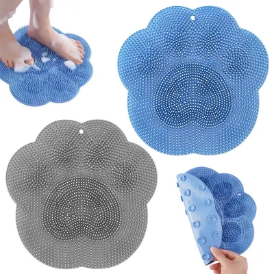 Produktbild von Set aus 2 Duschfußbürsten, rutschfestem Silikon-Massagepad 28 x 28 cm, Fußwaschmatte, Fußbürste mit Saugnäpfen für die Dusche, Massagegerät und Reiniger für die Pediküre.