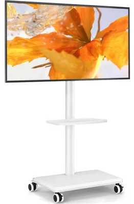 Image de Support TV mobile avec étagère en bois, pivotant et réglable en hauteur, pour téléviseurs de 27 à 60 pouces, jusqu'à 40 kg, compatible VESA 400x400 mm, couleur blanc pur