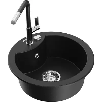 Obrázek produktu pro Mexen Diego 1-miskový granitový dřez s kuchyňskou baterií Flora, Černá - 6512-77-670401-07
