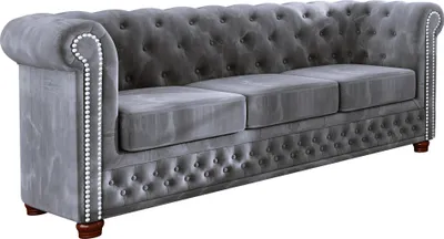 Produktbild von S-STYLE MÖBEL - Chesterfield Jutta Sofa 3-Sitzer aus Grau Samt-Stoff mit Holzfüßen, B/T/H: 203 cm/ 86 cm/ 72 cm