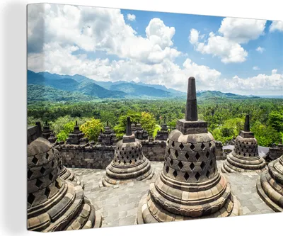Produktbild von OneMillionCanvasses® - Leinwandbilder - 140x90 cm, Weiße Wolken über dem Borobudur-Tempel, Wandbilder Kunstdruck Wanddekoration - Foto auf Leinwand - Gemälde auf Holzrahmen