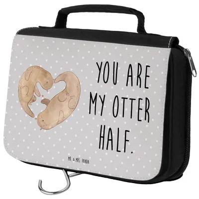 Produktbild von Mr. & Mrs. Panda kosmetiktäschchen Otter Herz - Grau Pastell - Geschenk, Kulturbeutel, beautycase, Hochzeitstag, Kosmetiktasche, Liebe, duschbeutel, kulturtäschchen, Paar