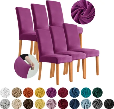 Produktbild von MEBLE ODNOWA, Stuhlhusse, Stuhlbezug, Standardgröße, Samt, Lila, 6er Set, Velours, elastisch, Stuhlbezüge, Stuhlhussen, maschinenwaschbar