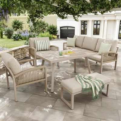 Produktbild von Flieks Gartenmöbel-Sets 5-tlg. für 6-7 Personen, Gartenloungeset Loungegartenmöbelset mit Tisch und Abnehmbaren Kissen, Terassenmöbel-Set Beige