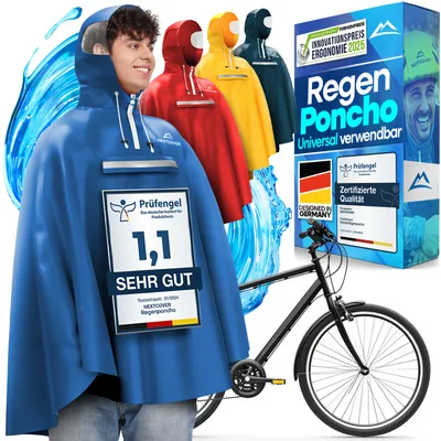 Produktbild von NEXTCOVER® NEU Regenponcho Fahrrad für Damen & Herren - mit [AquaShield 2.0] Technologie I Regenponcho Wandern, Fahrrad-Regencape, Angel Poncho, Regenponcho Herren, Regencape Damen wasserdicht Fahrrad