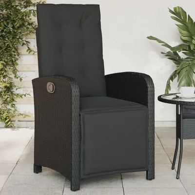 Produktbild von Verstellbarer Gartensessel mit Fußteil, schwarzem Poly-Rattan, Kissen und Armlehnen für Balkon, Terrasse und Garten