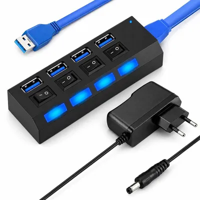 Produktbild von USB Hub 3.0 mit Netzteil, 4 Ports, 5V/2A Adapter, 5Gbps, Einzelschalter & LED – Aktiver USB Verteiler für Laptop, PC, Maus & Tastatur