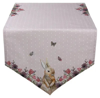 Produktbild von Clayre & Eef Tischläufer 50x160 cm Beige Rosa Baumwolle Kaninchen Blumen