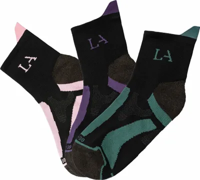 Produktbild von LASCANA ACTIVE Wandersocken Damen Kurzsocken für Laufen Wandern gepolsterte Socken 3 -teilig 1x schwarz-lila, 1x schwarz-rosa, 1x schwarz-grün Größe 39/42