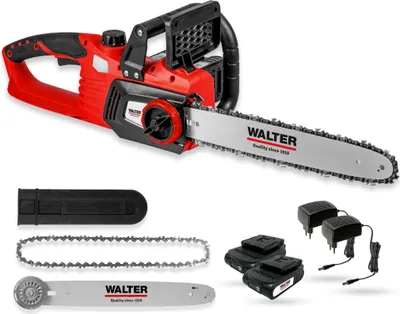 A collection of items for a cordless chainsaw, including the chainsaw itself, spare chain, guide bar, batteries, and chargers, all presented on a white background.