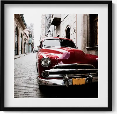 Produktbild von Altes rotes Auto– Wandbild mit Rahmen – Gerahmtes Bild  – Wanddekoration – 50x50 cm –  Schwarz Rahmen