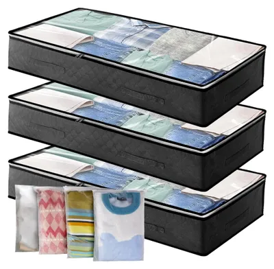 Produktbild von Unterbett-Aufbewahrungstasche, 3 Stück, 90 l, große Unterbett-Aufbewahrungsbox mit 4 x großen Reißverschlussbeuteln, Aufbewahrungstasche für Kleidung, Bettdecken, Decken, Bettwäsche, Steppdecke