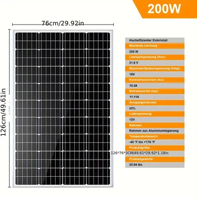 Produktbild von Solarpanel – Solarmodul – Solarzelle – Solarenergie – 200W monokristallin – Hoher Wirkungsgrad