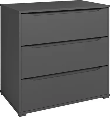 A dark gray chest of drawers with three drawers is shown against a white background.