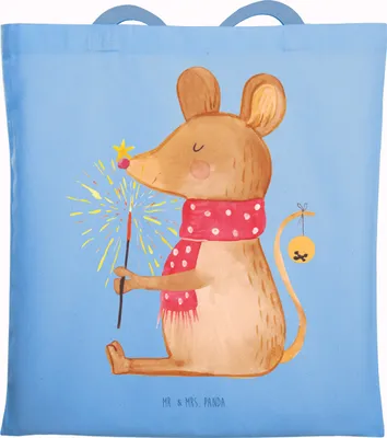 Produktbild von Mr. & Mrs. Panda Shopping Tasche Maus Weihnachten - Sky Blue - Geschenk, Laptoptasche, dokumententasche, Jutebeutel, Weihnachtsmotiv, Mäuschen, Tote Bag, Weihnachtsgruß