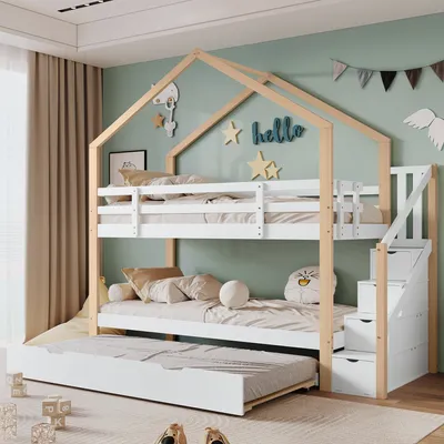 Produktbild von Merax Etagenbett 90x200cm/90x190cm mit Ausziehbett, Kinderbett  mit Rausfallschutz und Treppe, Hausbett Hochbett Stockbett mit Unterbett, Weiß