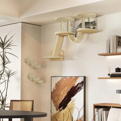Produktbild von Katzen Kletterwand Set Wand- & Deckenmontage, Kletterregale Wandmontage, Katzenstufen Plüsch Sisal, Beige | 158 x 38,5 x 83 cm | bis 5 kg | 6-teilig