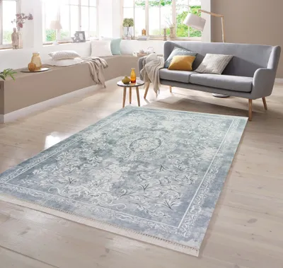 Produktbild von Teppich Blumen waschbar in grau Größe - 80 x 300 cm