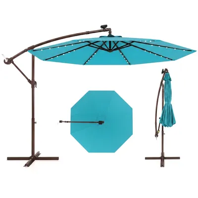 Image de COSTWAY Parasol φ300cm, parasol ampli avec 40 lampes LED solaires et manivelle, parasol de jardin, parasol de marché, parasol de terrasse Turquoise