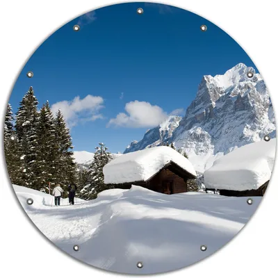 Produktbild von Wallario rundes Outdoor-Poster für Garten oder Balkon, Motiv Verschneiter Almhütten vor einem Gipfel, 90 cm Durchmesser