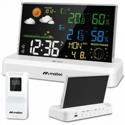 Imagen del producto de Estación meteorológica MalTec con sensor exterior inalámbrico, barómetro, higrómetro y sensor de humedad, alimentada por batería