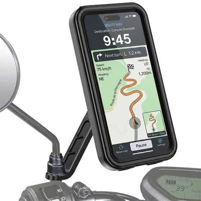 Image de Support Téléphone Moto Rétroviseur, Anti-Vibration Réglable Rotatif 360° Etanche - Noir