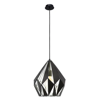 A black pendant light with a geometric, faceted design, suspended from a black cord against a white background.
