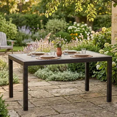 Immagine prodotto di Dmora Tavolo da Esterno Adila 90x150x74h cm Nero Antracite, 10 Posti Waterproof, Antiurto, 100% Resina Riciclabile Italy