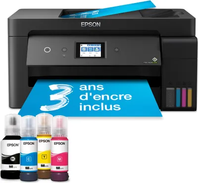 A black Epson EcoTank printer with ink bottles in the foreground and a blue banner indicating "3 ans d'encre inclus" (3 years of ink included).