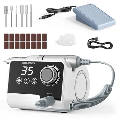 Produktbild von Nagelfräser - Elektrische Nagelfeile - 45.000 U/min - 45 Geschwindigkeitsstufen - LCD-Display - Fußpedal - Vorwärts- und Rückwärtslauf - Weiß