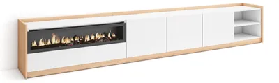 Produktbild von TV-Schrank, Lowboard, 310x37x50cm, Für TV-Geräte bis zu 80", Elektrokamin., Weiß und Eiche Soft