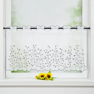 Produktbild von Joyswahl Scheibengardinen Voile Bistrogardine mit dunkelgrauer Blattstickerei Küchengardinen Bestickte Kurzstores Stangendurchzug Transparent Weiß HxB 45x120 cm