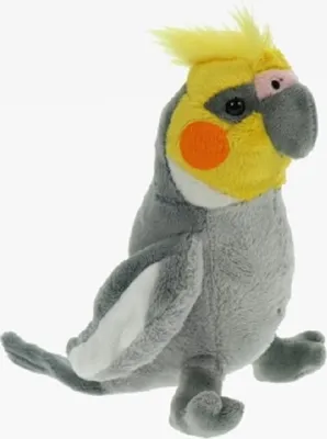 A plush toy of a cockatiel bird against a white background.