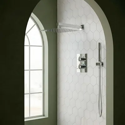 Produktbild von Luxus Duschsystem mit Thermostat Unterputz Chrom - 40cm langer Duscharm für maximale Bewegungsfreiheit, massives Messing Gehäuse, 30x30cm Regendusche Komplettset, Profi Einbau-Set G1/2