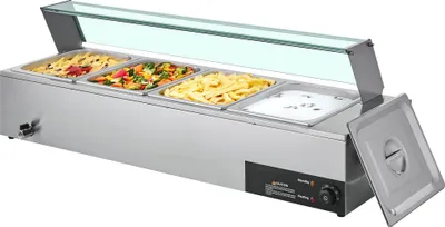 Produktbild von Speisenwärmer Bain-Marie - Gastro Warmhaltegerät - Elektrisch - 4 x GN 1/2 Behälter - 1,5 kW Leistung - Edelstahl - Glasdeckel - Inkl. Suppenkelle