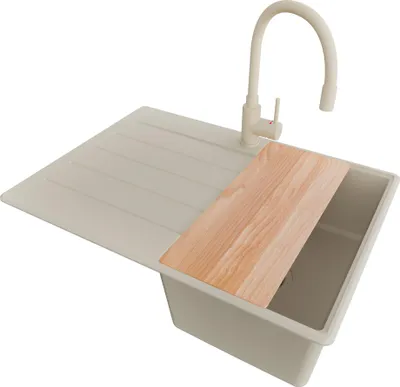 Produktbild von PRIMAGRAN Granitspüle Beige 70x50cm, Spülbecken 1 Becken + Küchenarmatur 38x14cm + Ablauf-Set + Schneidebrett, Küchenspüle ab 40er Unterschrank - Kopenhagen