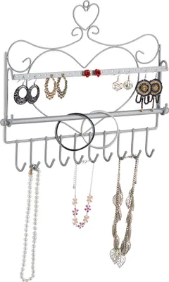 Produktbild von Relaxdays Wand Schmuckhalter, für Ketten, Ohrringe & Armbänder, Kettenhalter Herzform, HxBxT: 30 x 36,5 x 3,5 cm, silber